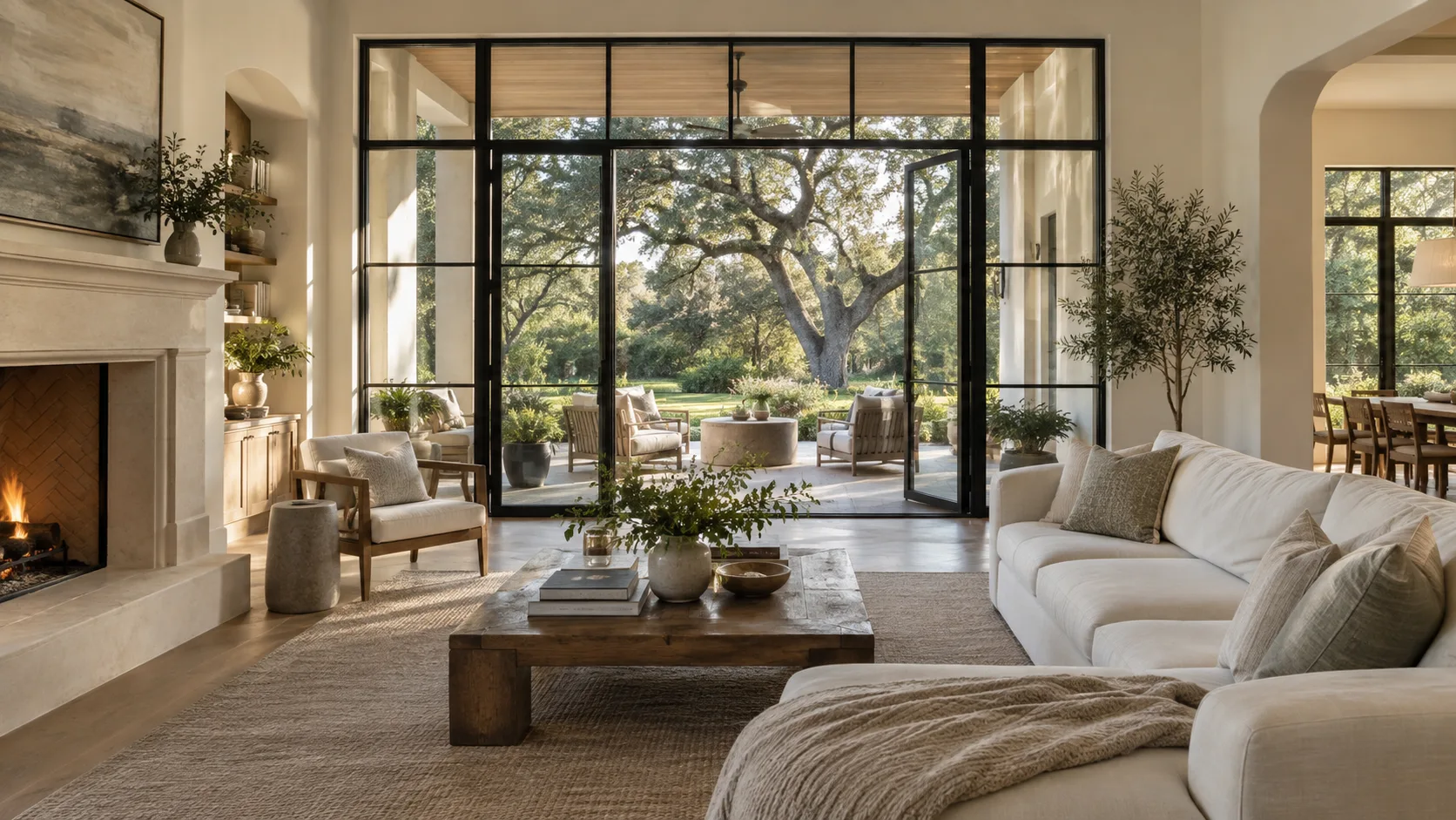 Illustration of a sunlit living room opening onto a tree-lined garden